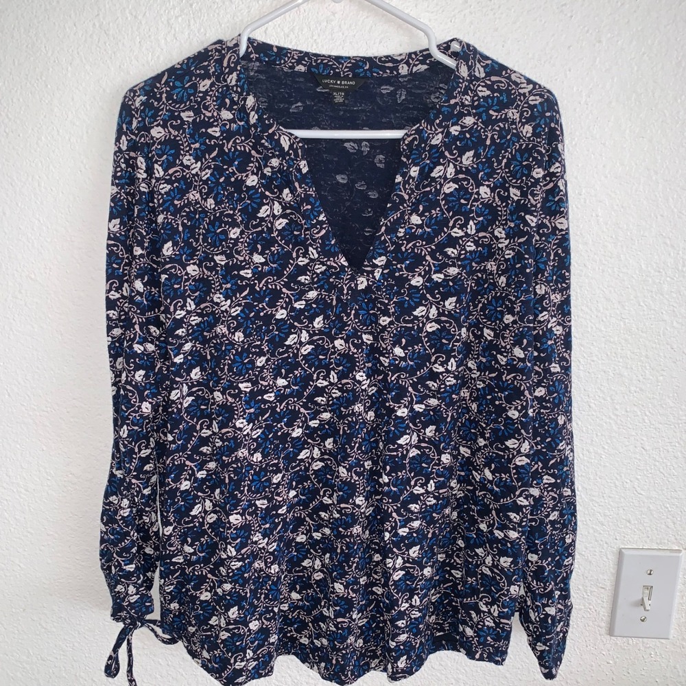 Lucky Brand Womens Navy Blue Floral Cotton Split Neck Tie Cuff Top XL